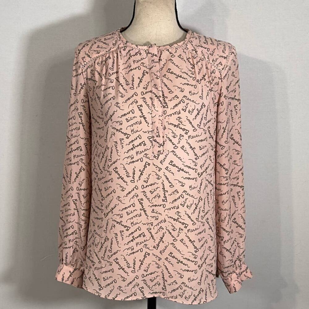 Banana Republic Factory Blouse Women's Size Small Pink Long Sleeve French Words